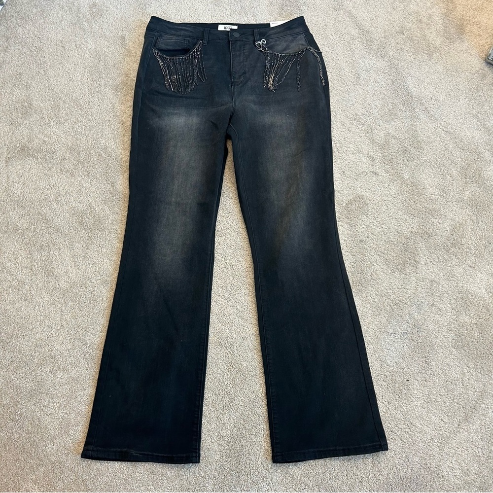 RFM Royalty For Me black rhinestone fringe pocket trim boot cut denim jeans NWT